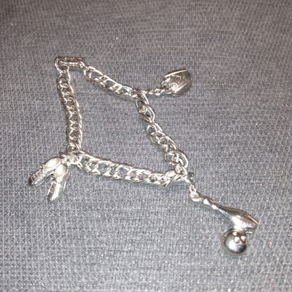 Silver tone bowling theam charm bracelet. - Picture 2 of 2